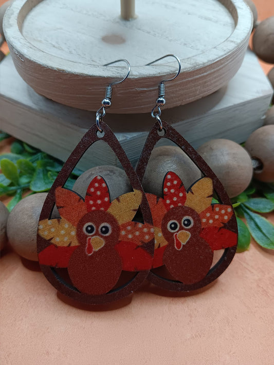 Colorful Wooden Turkey Earrings