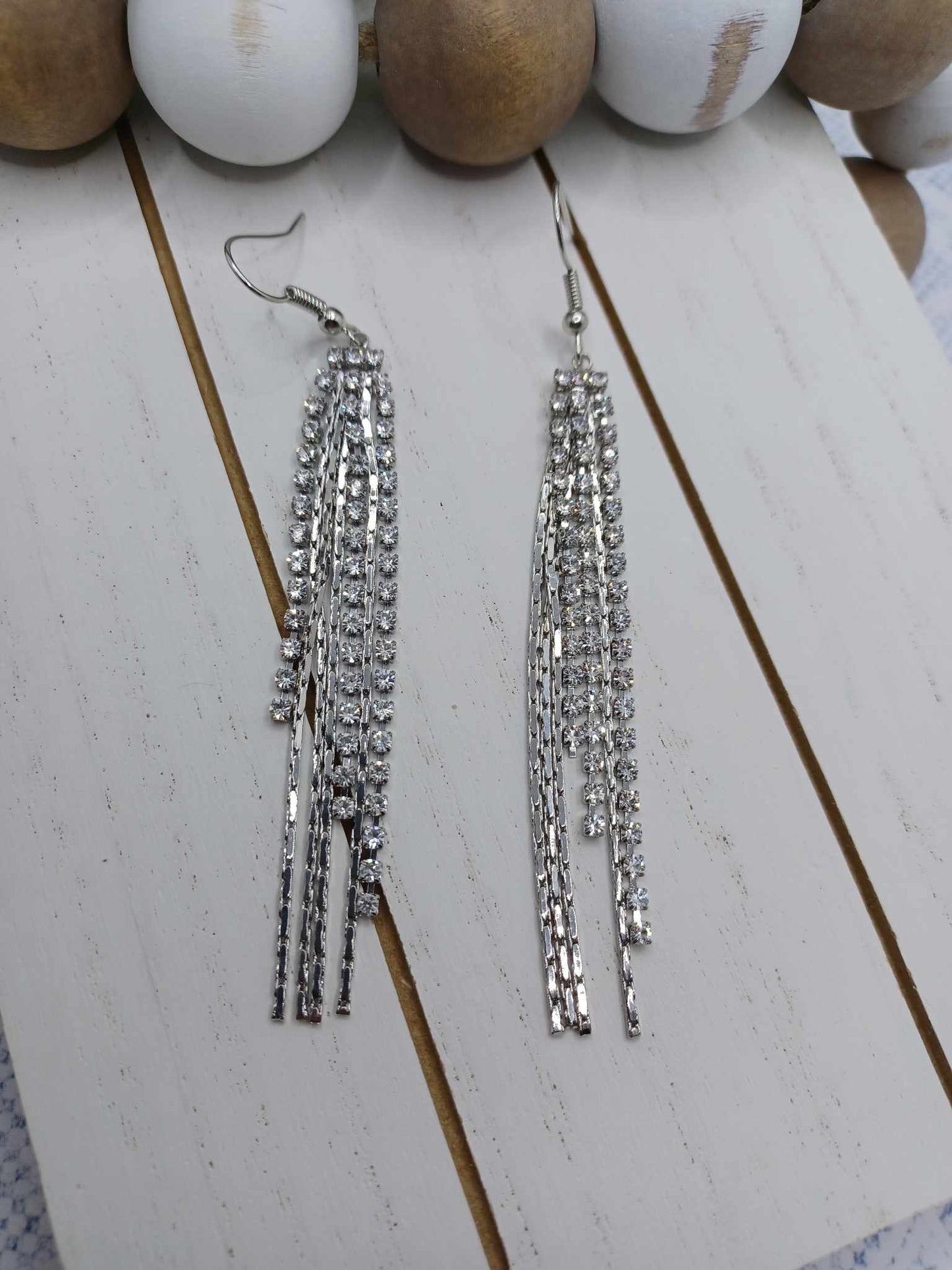 Silver Tassel Style Earrings w/ Rhinestone Accents