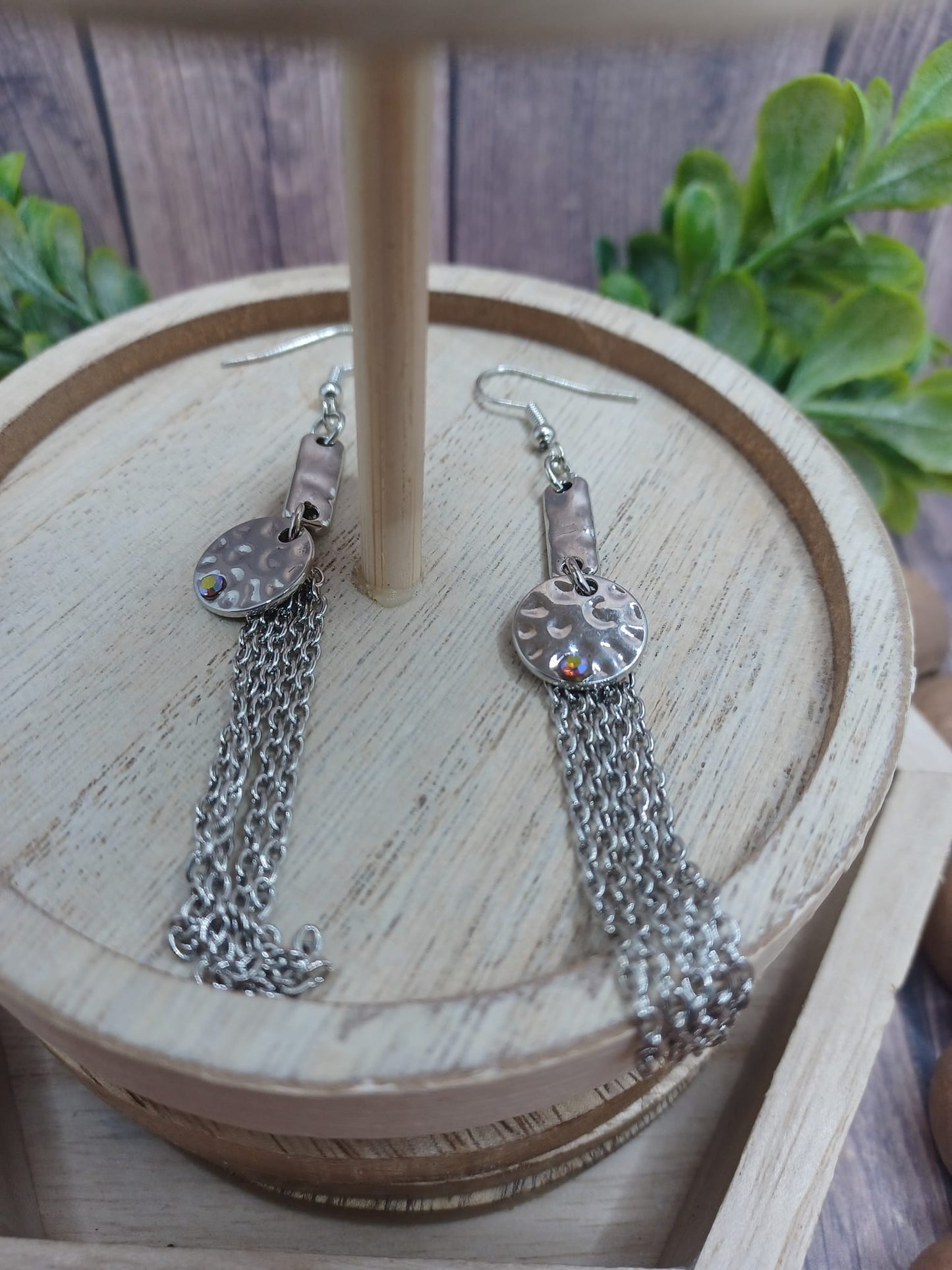 Silver Tassel Earrings w/ Textured Circle w/ Mermaid Rhinestone