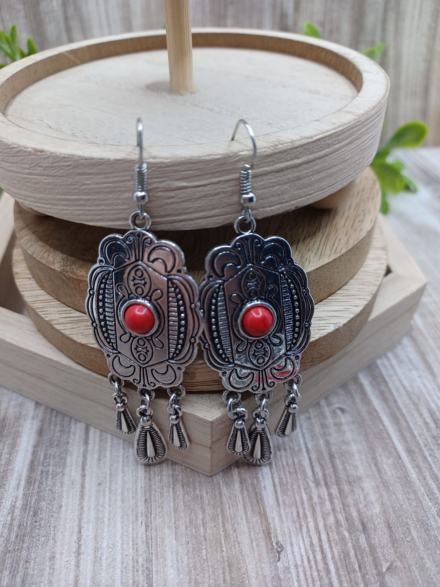 Silver Design Earrings w/ Centered Red Stone