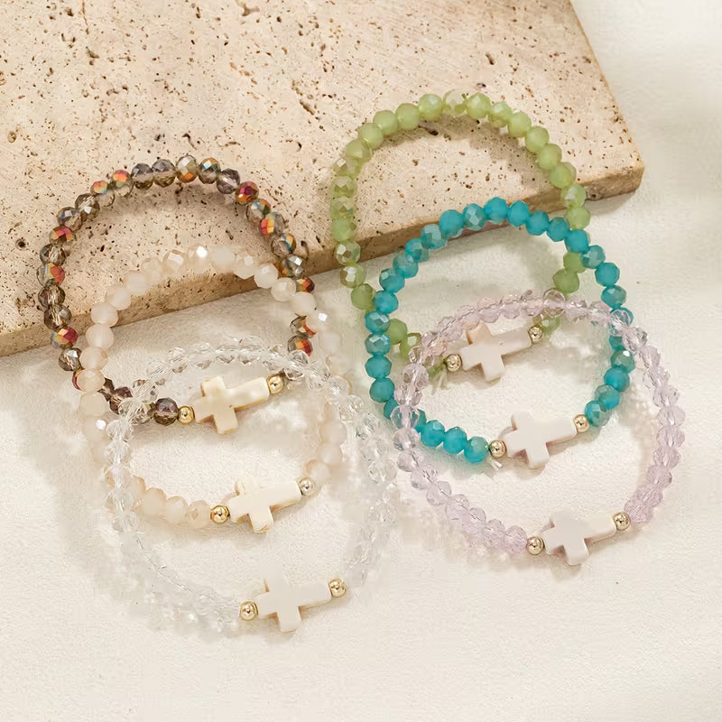 Beaded Cross Bracelet Set - Light - Set of 6