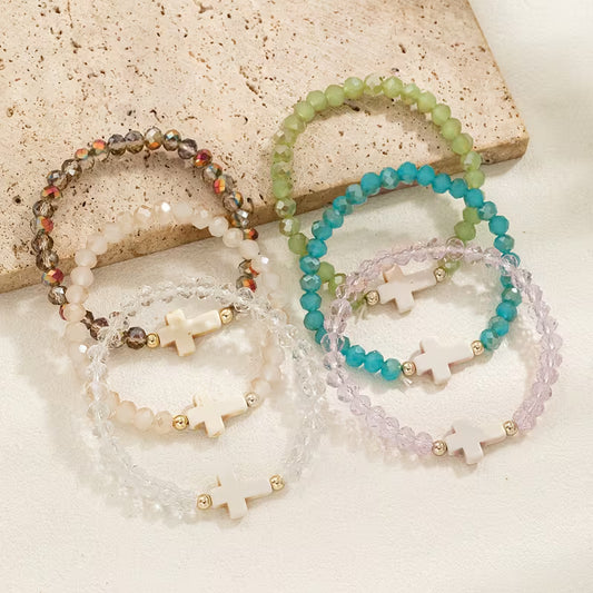 Beaded Cross Bracelet Set - Light - Set of 6