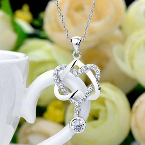 Silver Double Heart Necklace w/ Dangle Rhinestone