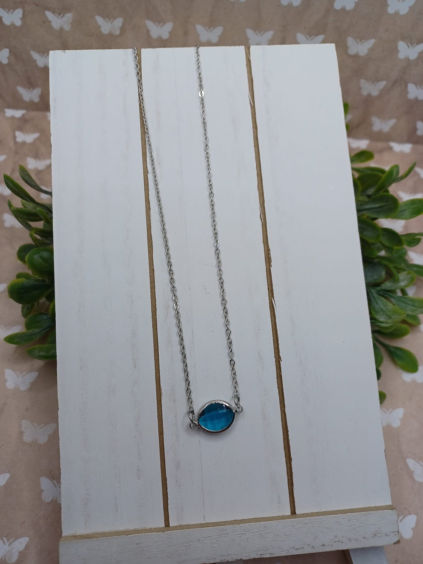 Silver Necklace w/ Dainty Blue Faceted Pendant