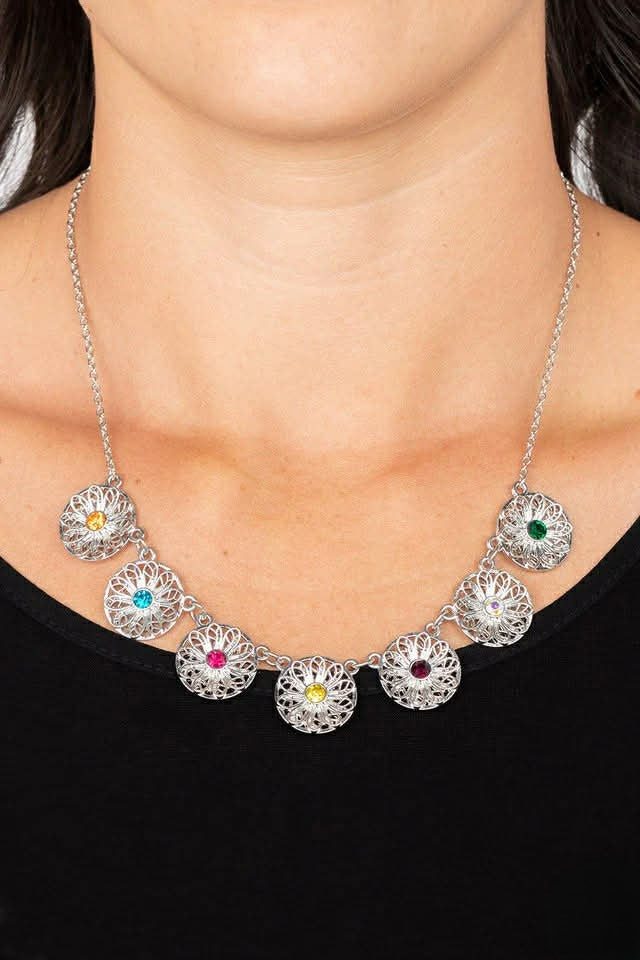 Silver Short Necklace w/ Multicolored Stone Pendant