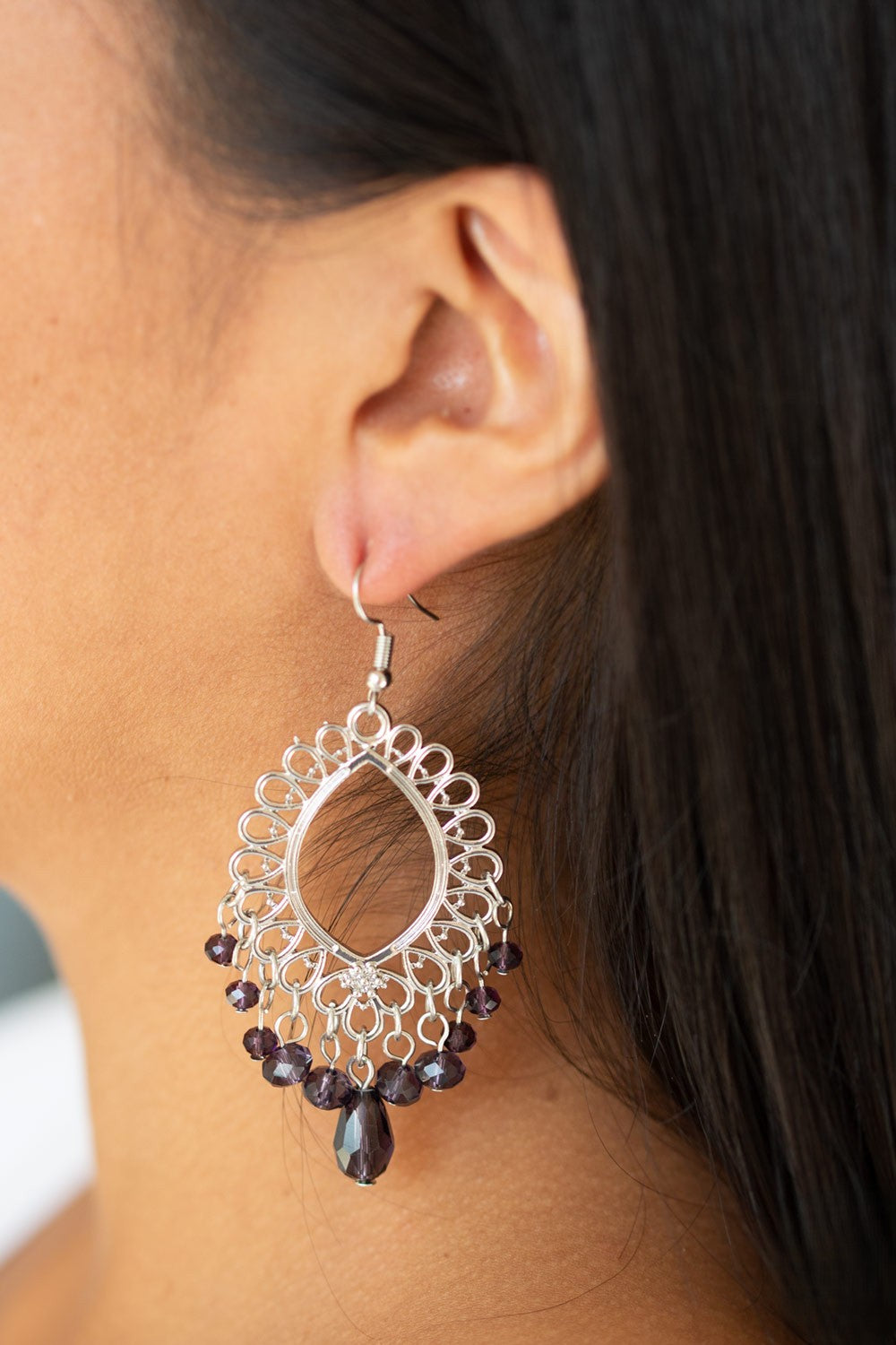 Silver Filigree Earrings w/ Drop Purple Faceted Beading