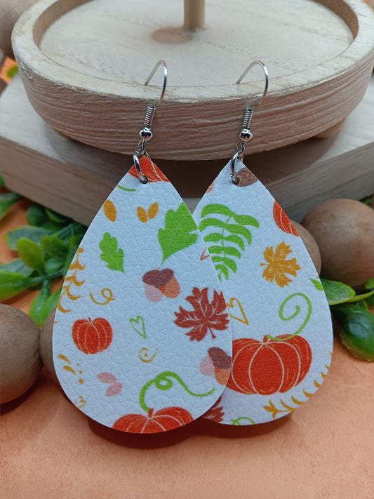 Fall Patterned Earrings w/ Greenery, Pumpkins, & Leaves