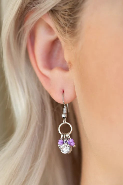 Dainty Silver Earrings w/ Purple & Rhinestone Accents