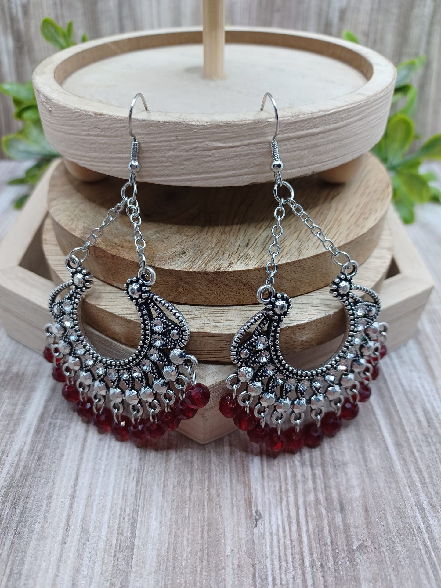 Silver Fan Style Earrings w/ Red Beading & White Rhinestone Accents