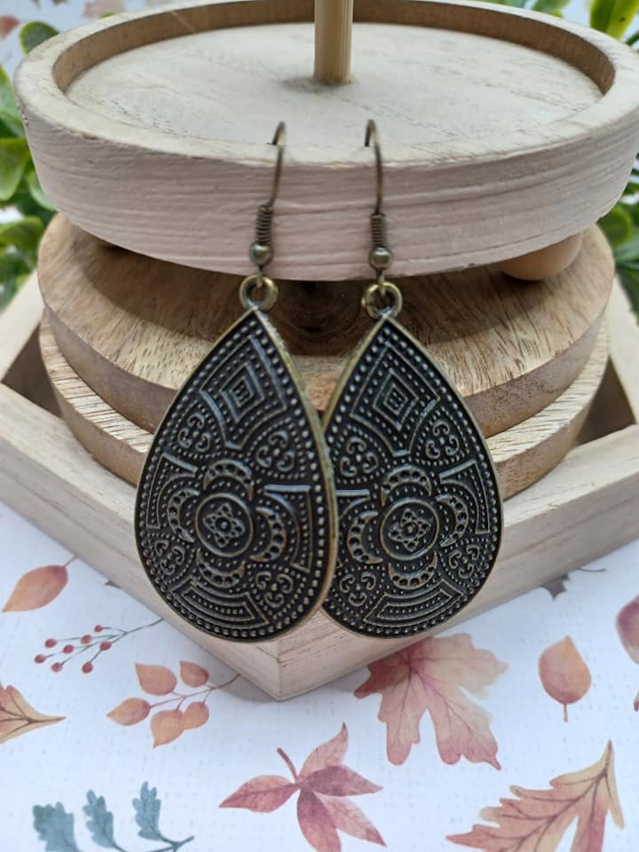 Brass Teardrop Style Earrings w/ Floral Embossed Design