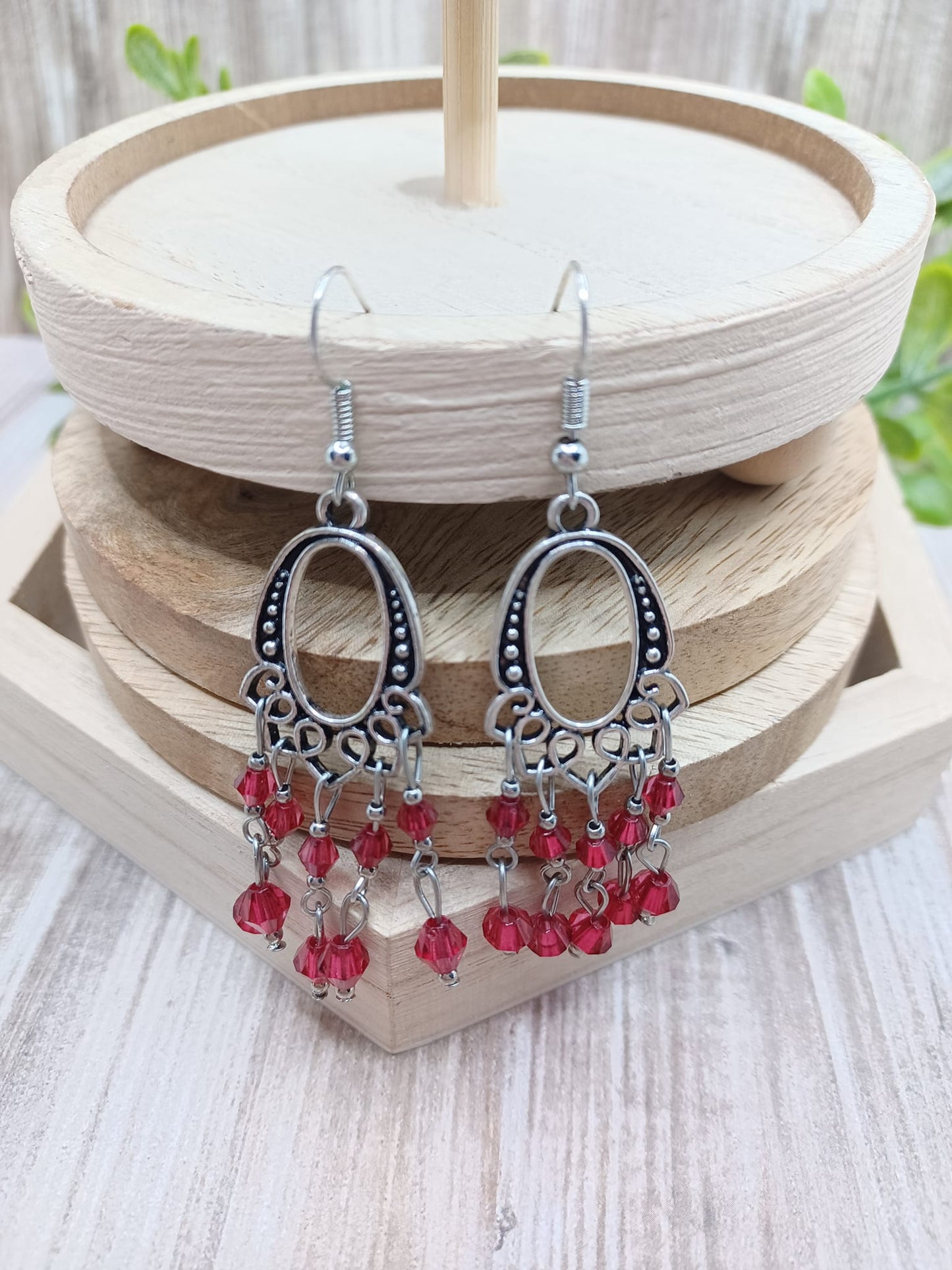 Antiqued Silver Oval Earrings w/ Red Drop Style Beaded Tassels