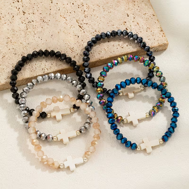 Beaded Cross Bracelet Set - Dark - Set of 6