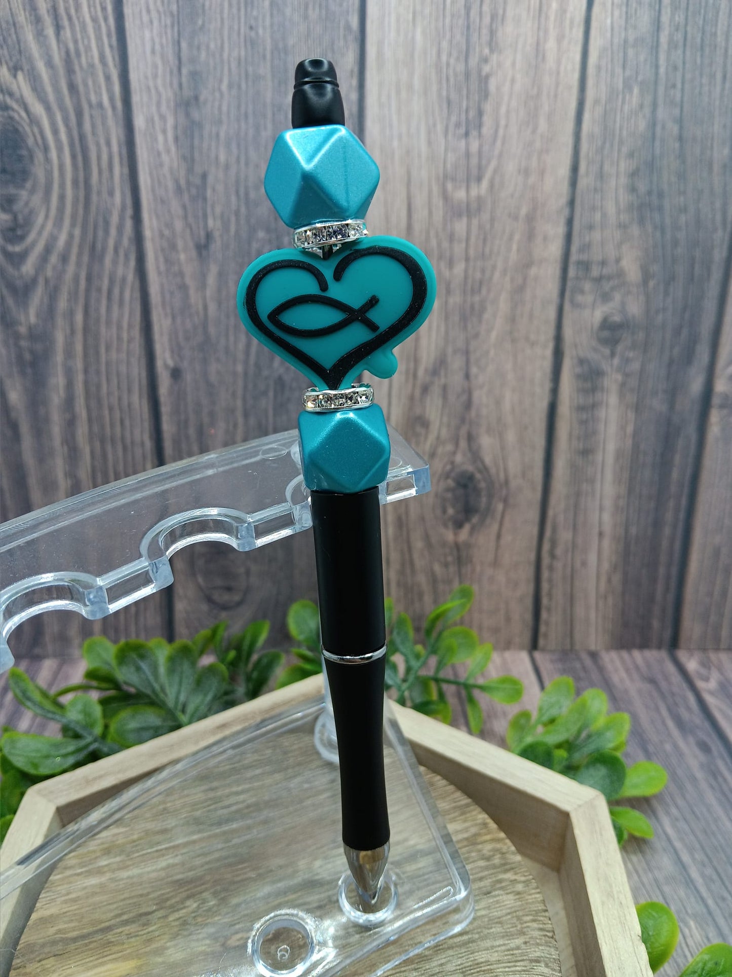 Teal Faith & Fish Beaded Ink Pen
