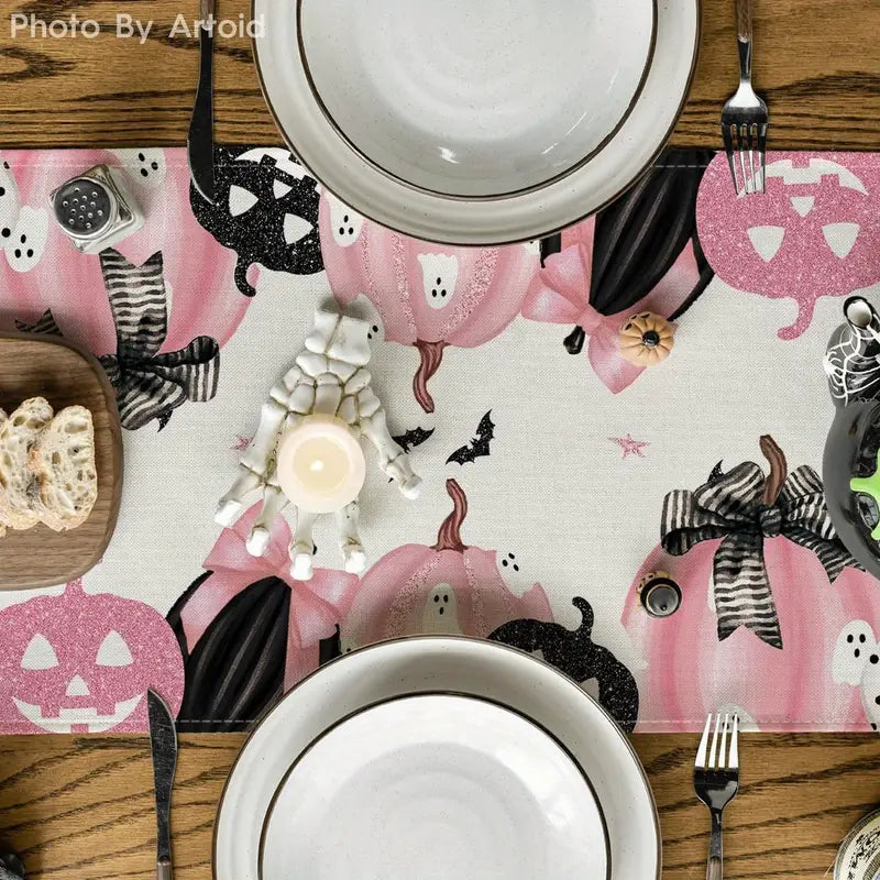 Pink, Black, & White Halloween Pumpkin Table Runner