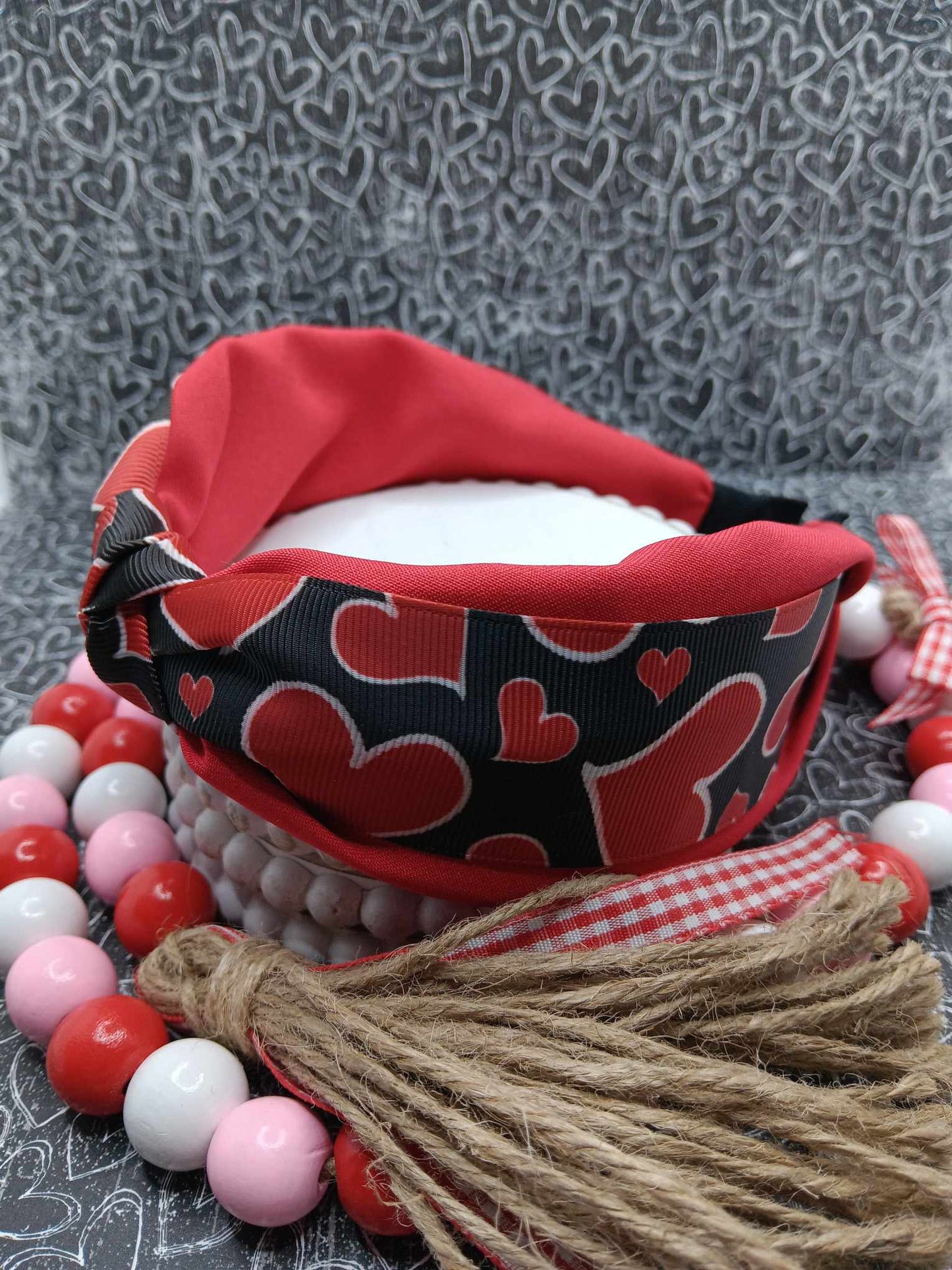 Black & Red Hearts Top Knot Headband