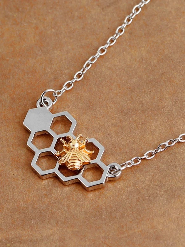 Silver Necklace w/ Honeycomb & Bee Pendant