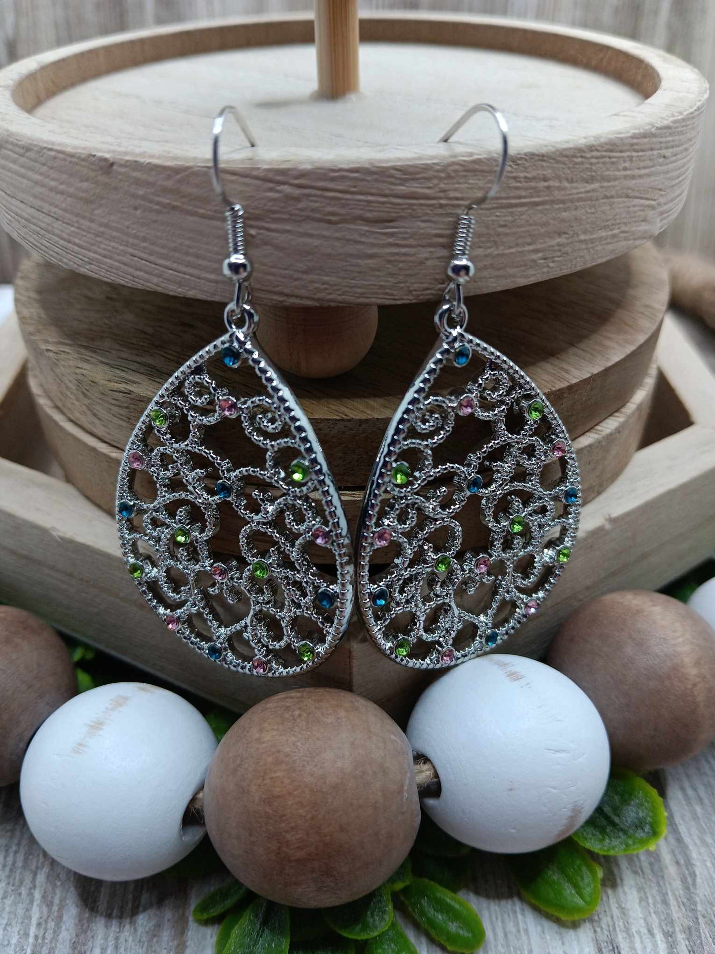 Sllver Teardrop Earrings w/ Multicolored Rhinestones