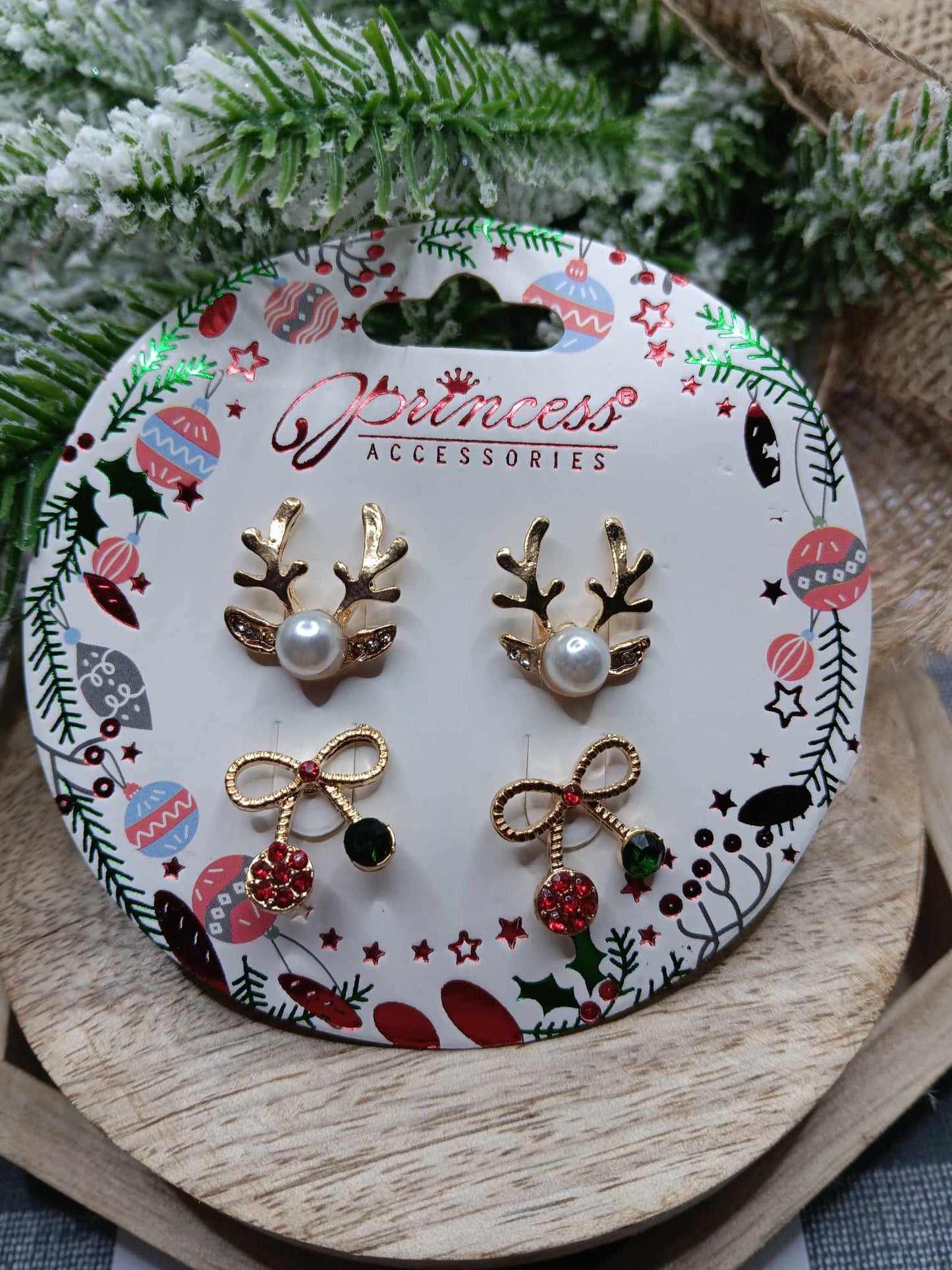 Rhinestone Reindeer & Bow Earring Set - Gold