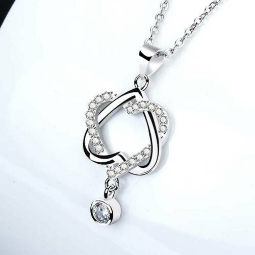 Silver Double Heart Necklace w/ Dangle Rhinestone