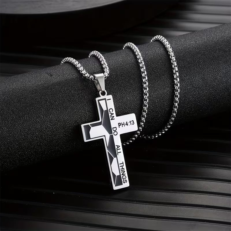 I can do all things through Christ who Strengthens me Silver Soccer Cross Necklace