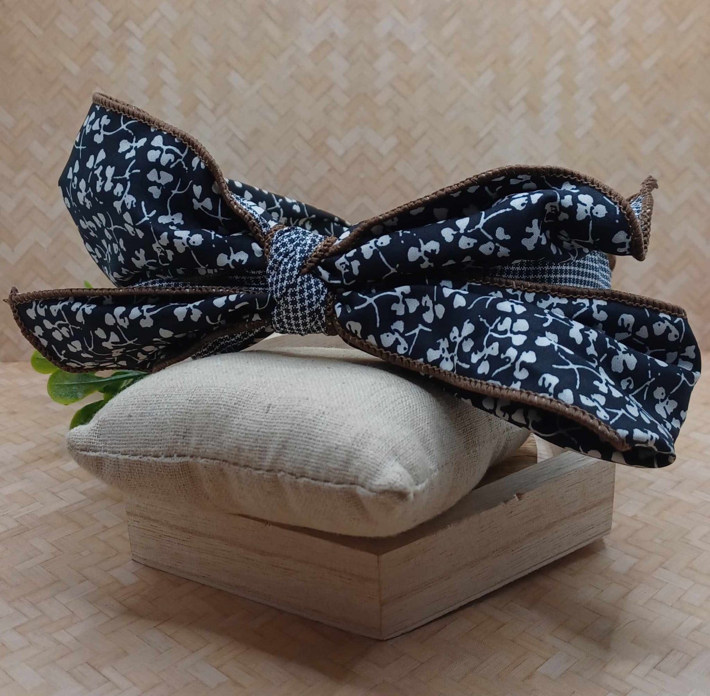 Black, Brown, & Floral Headband w/ Adjustable Top Knot