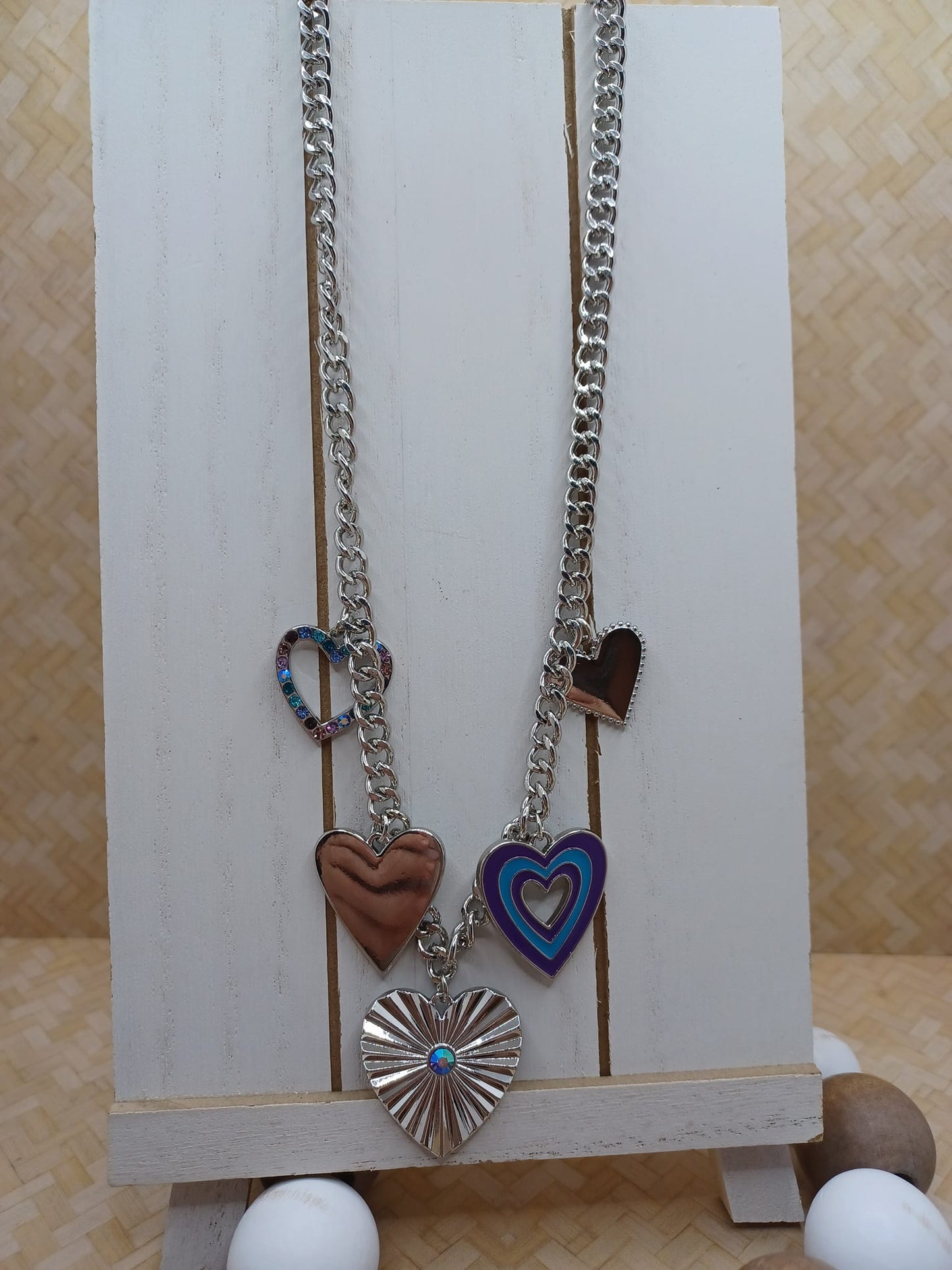 Silver Necklace w/ Purple & Blue Hearts & Mermaid Rhinestones