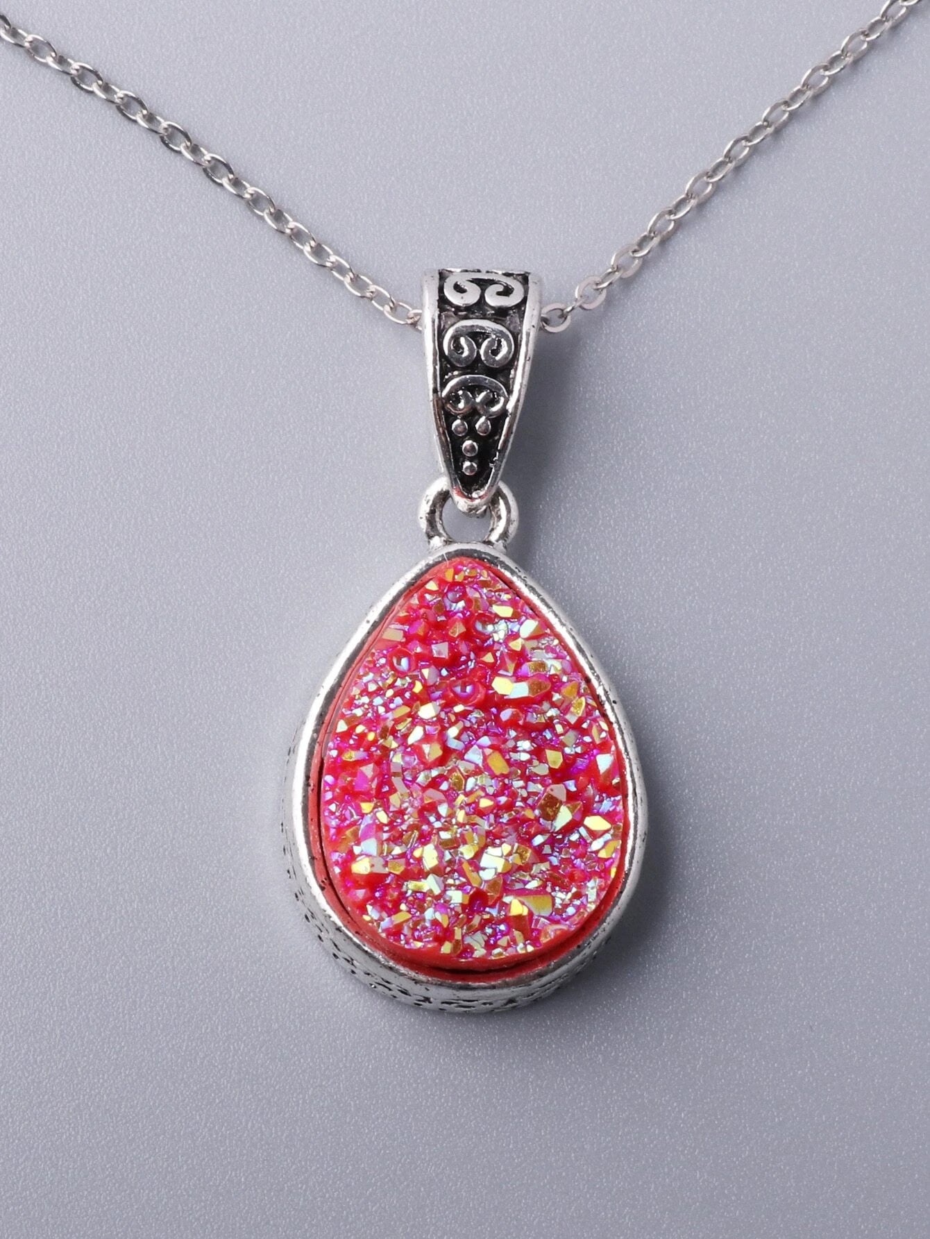 Silver Necklace w/ Pink Druzy Teardrop Pendant
