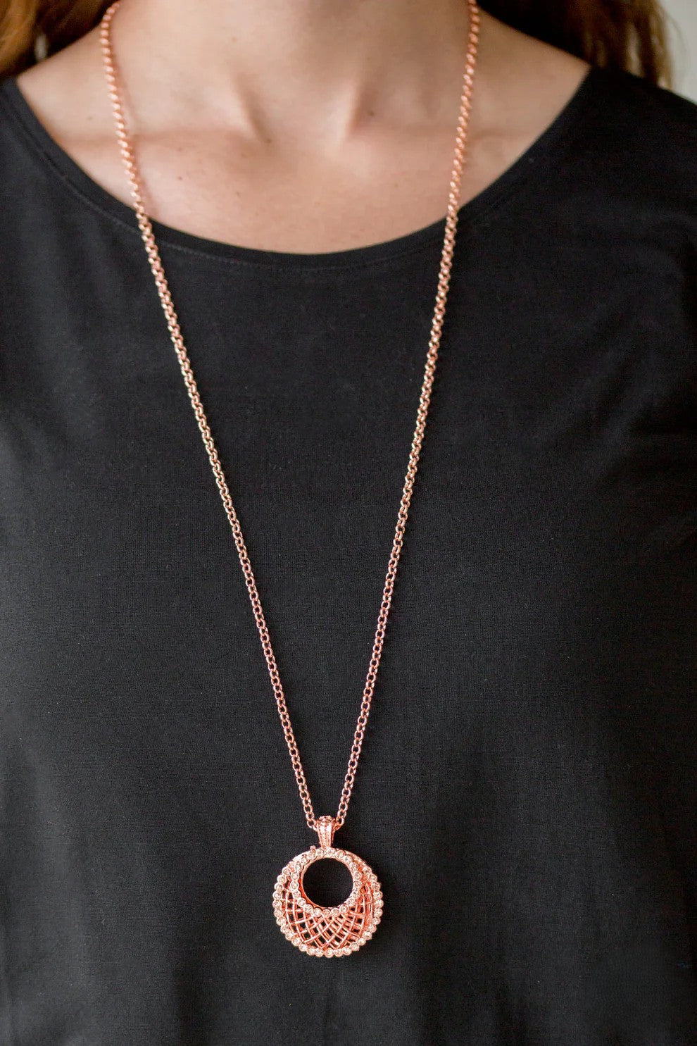 Copper Textured Necklace w/ Rhinestone Accents