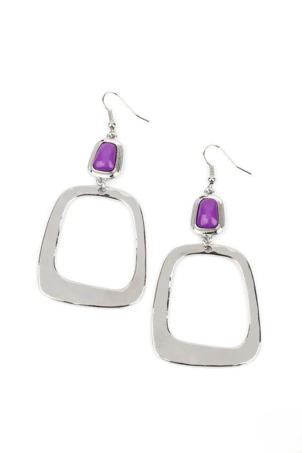 Silver Earrings w/ Purple Stone & Silver Square Drop Detail