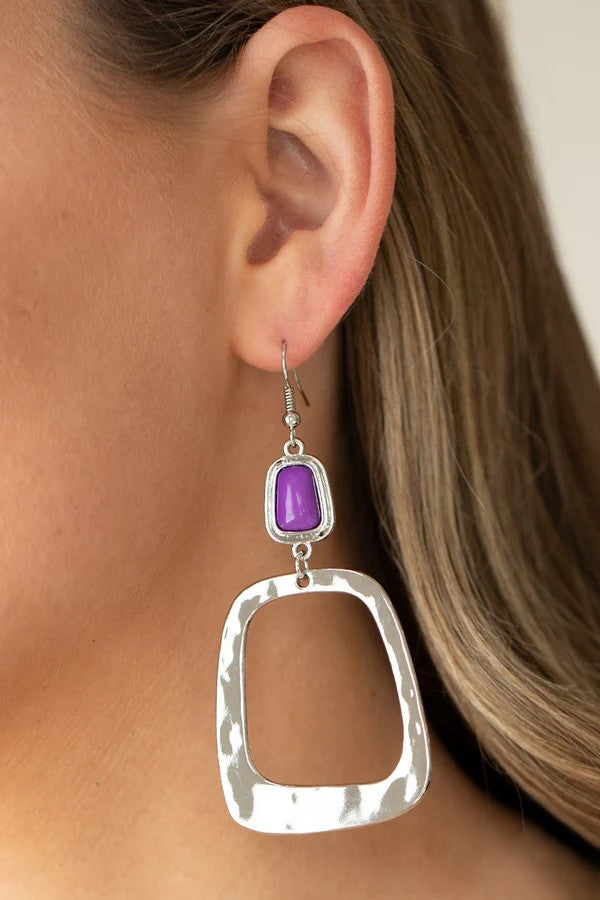Silver Earrings w/ Purple Stone & Silver Square Drop Detail