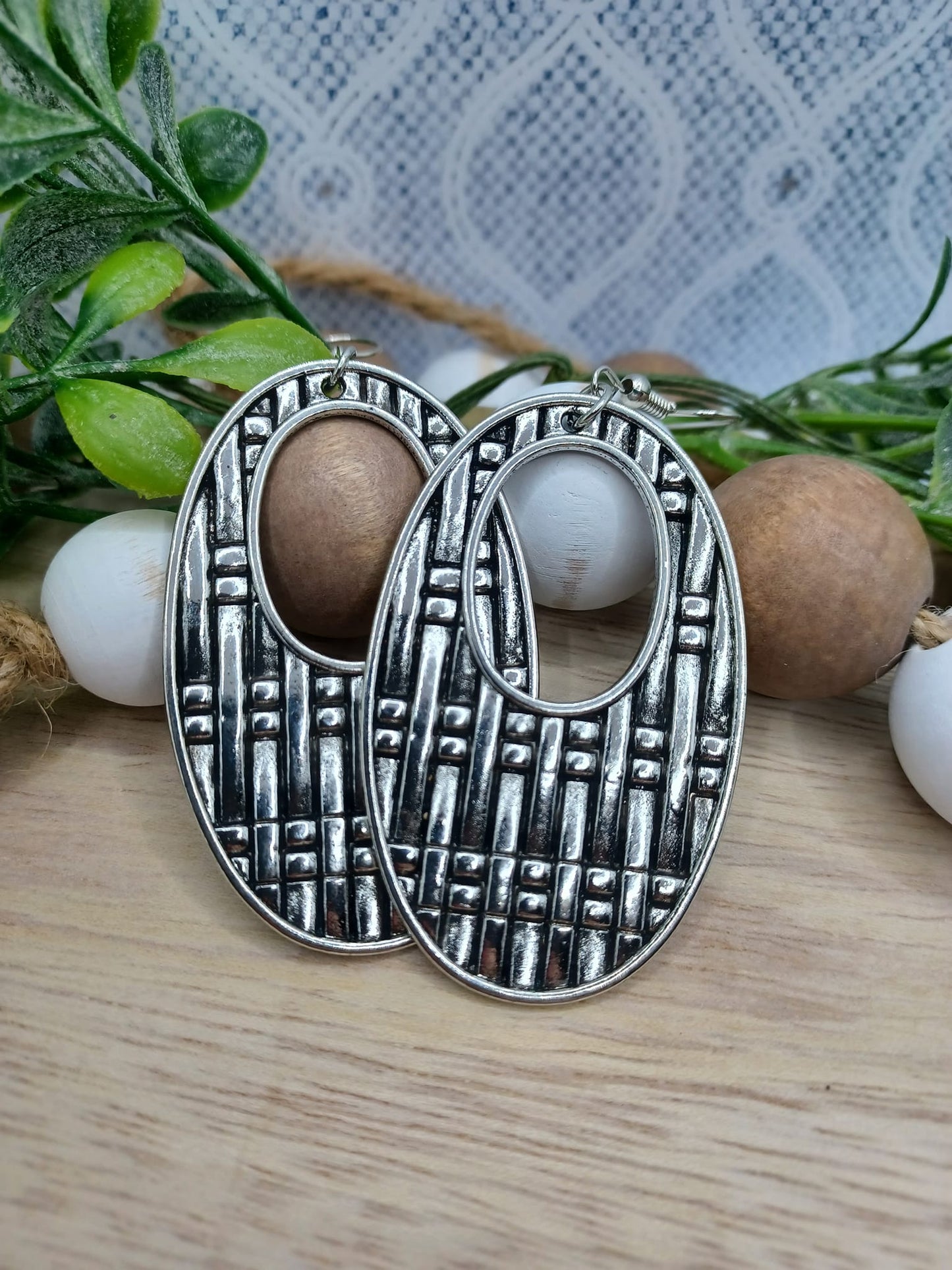 Silver Oval Basket Woven Style Earrings