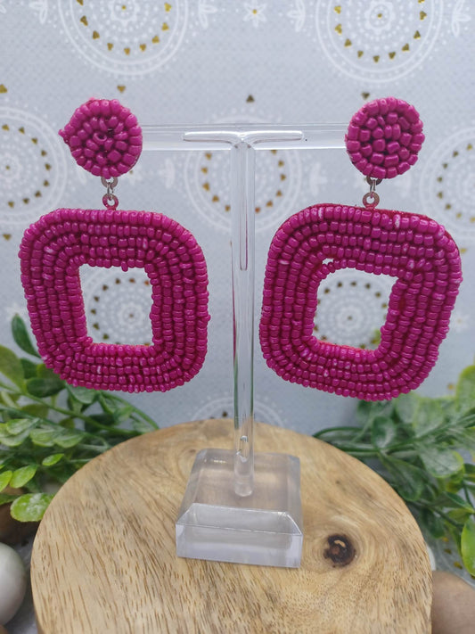 Hot Pink Sea Beaded Square Earrings
