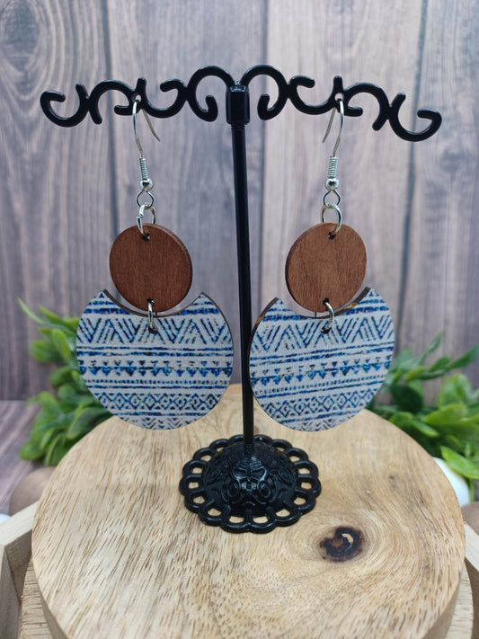 Wooden Blue & White Patterned Earrings