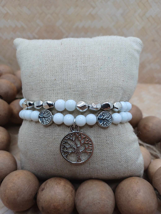 White & Silver Tree of Life Bracelet Set