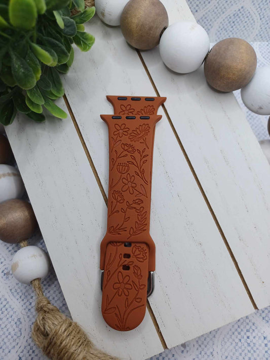 Brown Engraved Floral Patterned Watch Band - 38/40/41