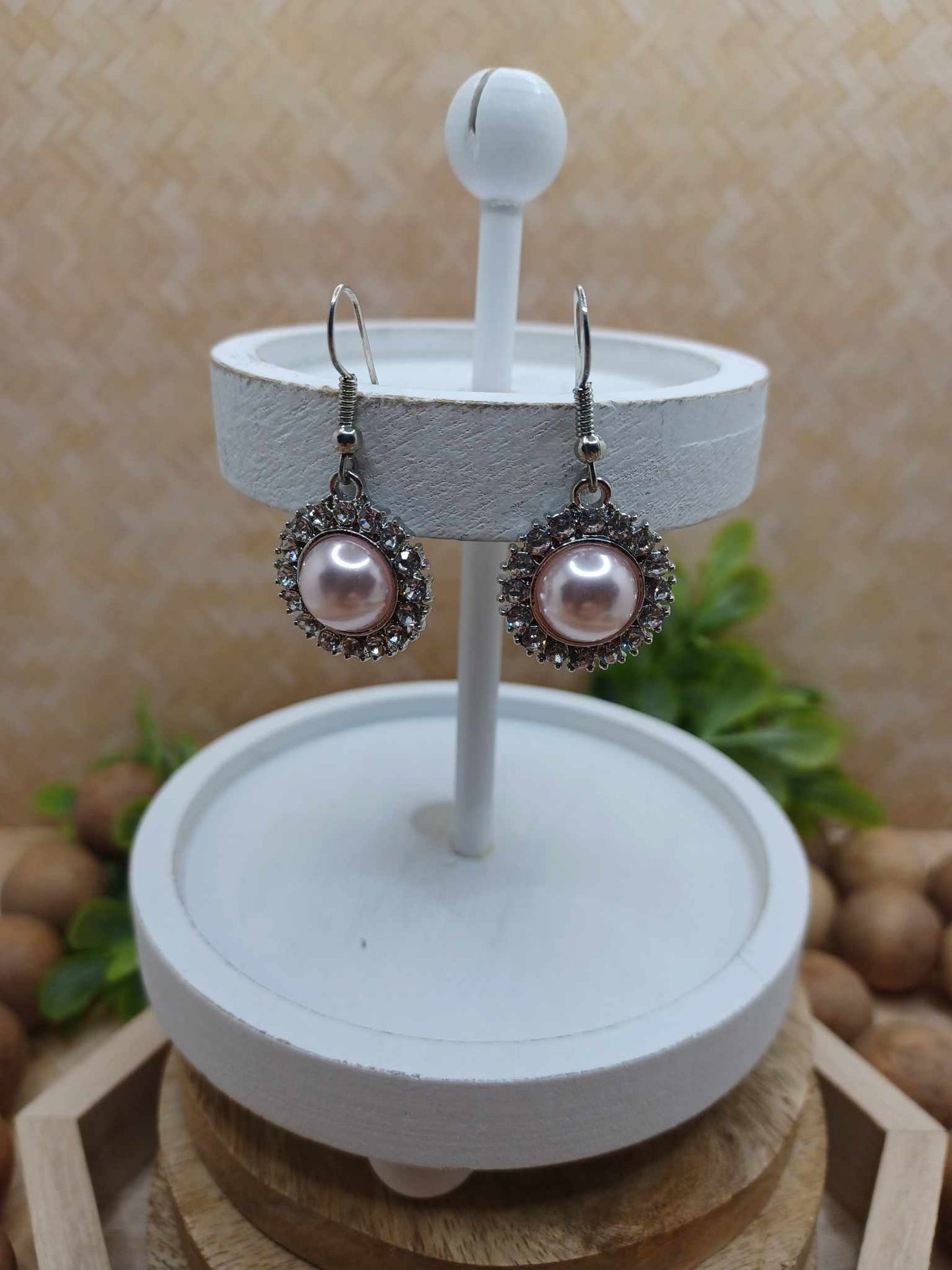 Light Pink Pearl Style Earrings w/ Rhinestones