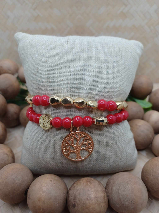 Red & Gold Tree of Life Bracelet Set