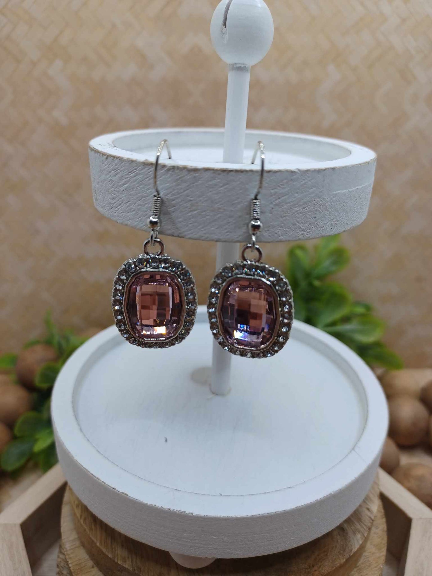 Light Pink Square Cut Rhinestone Earrings