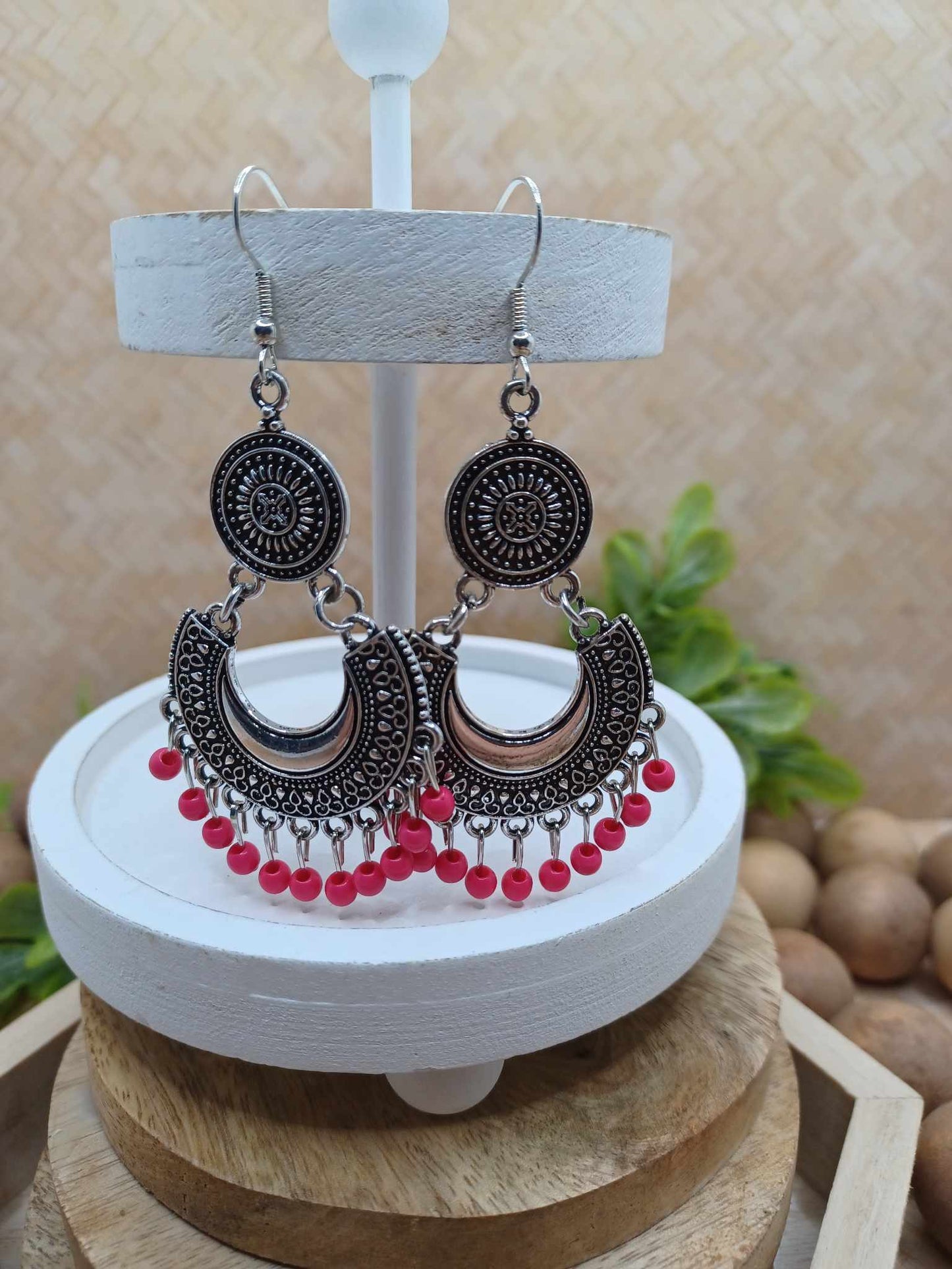 Silver Textured Earrings w/ Hot Pink Dangle Beading