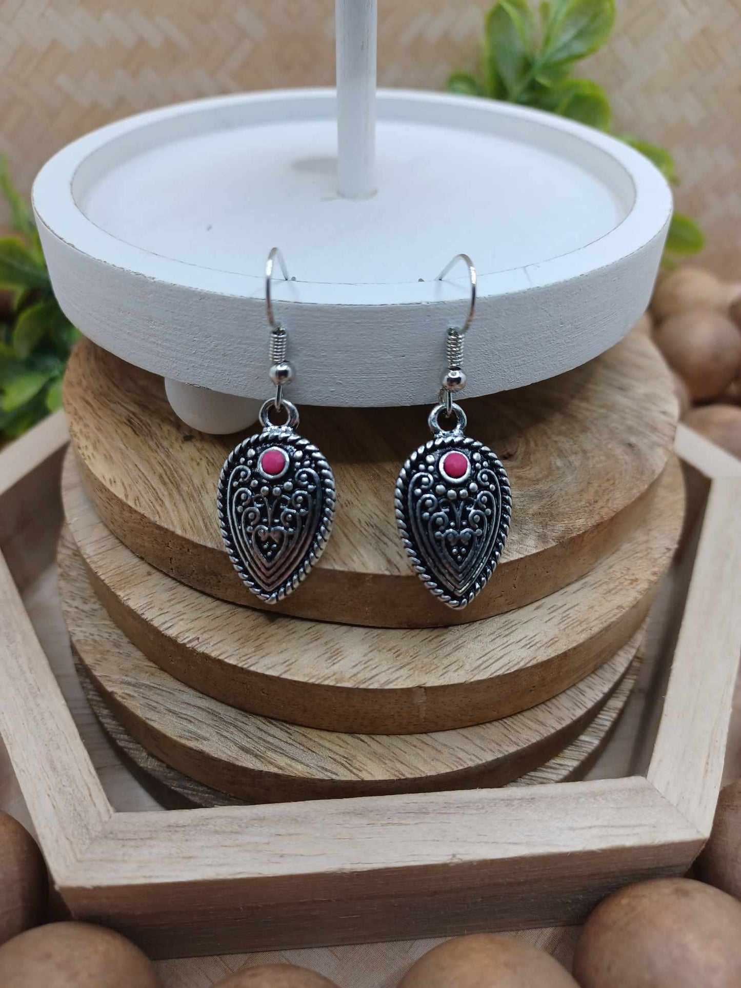 Silver Aztec Style Earrings w/ Pink Accents