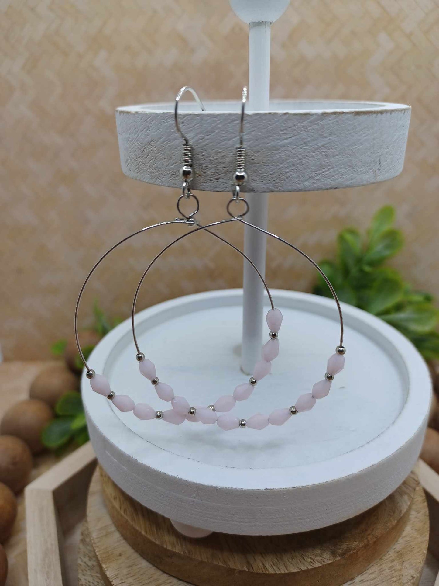 Silver Dainty Open Faced Hoop Style Earrings w/ Pale Pink Beading