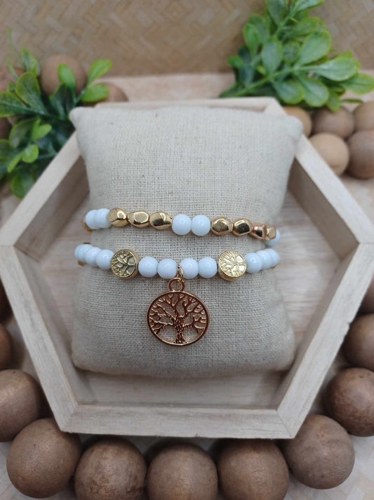 White & Gold Tree of Life Bracelet Set