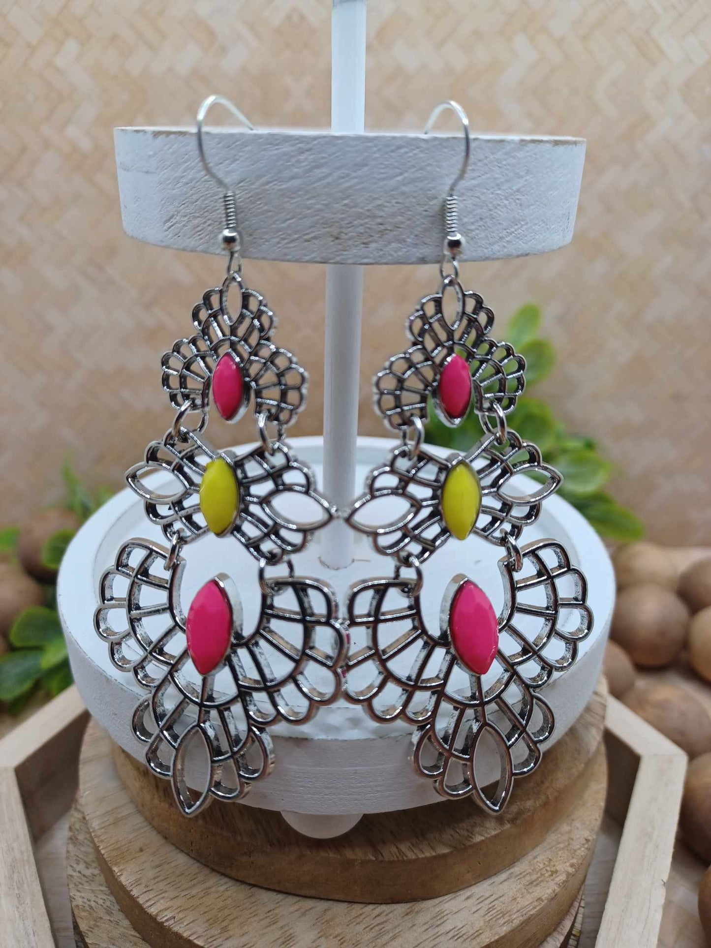 Silver Design Earrings w/ Hot Pink & Neon Yellow Accents