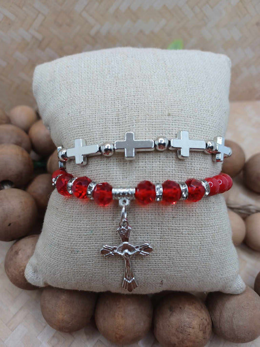Red & Silver Cross Bracelet Set