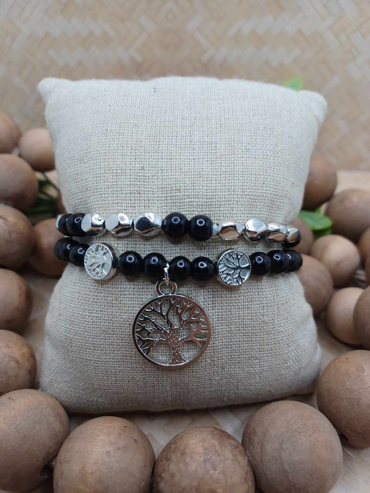 Black & Silver Tree of Life Bracelet Set