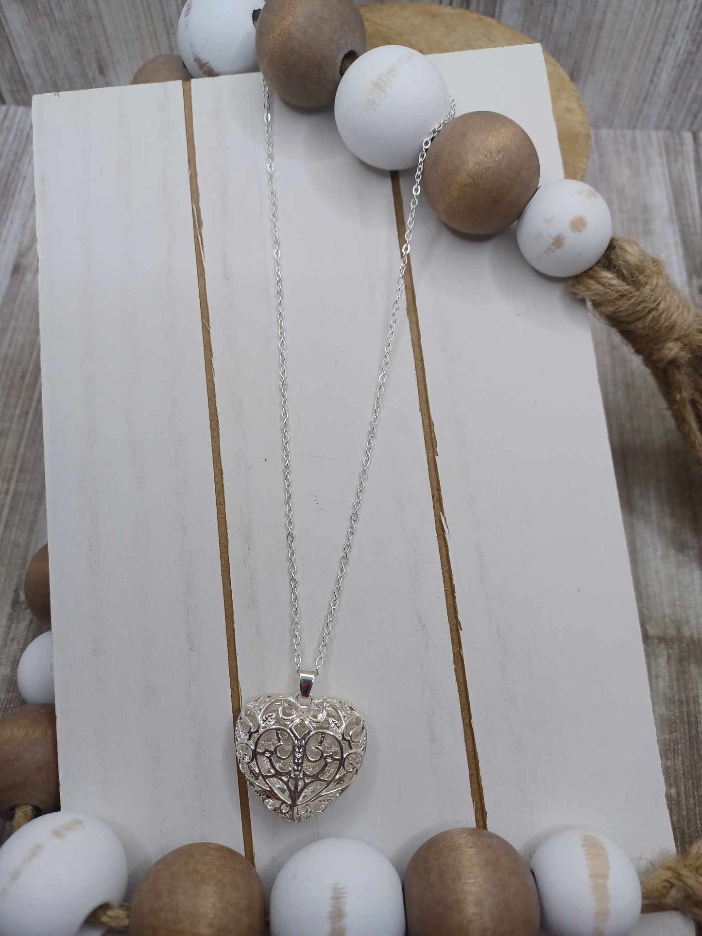 Silver Puffed Heart w/ Filigree Necklace