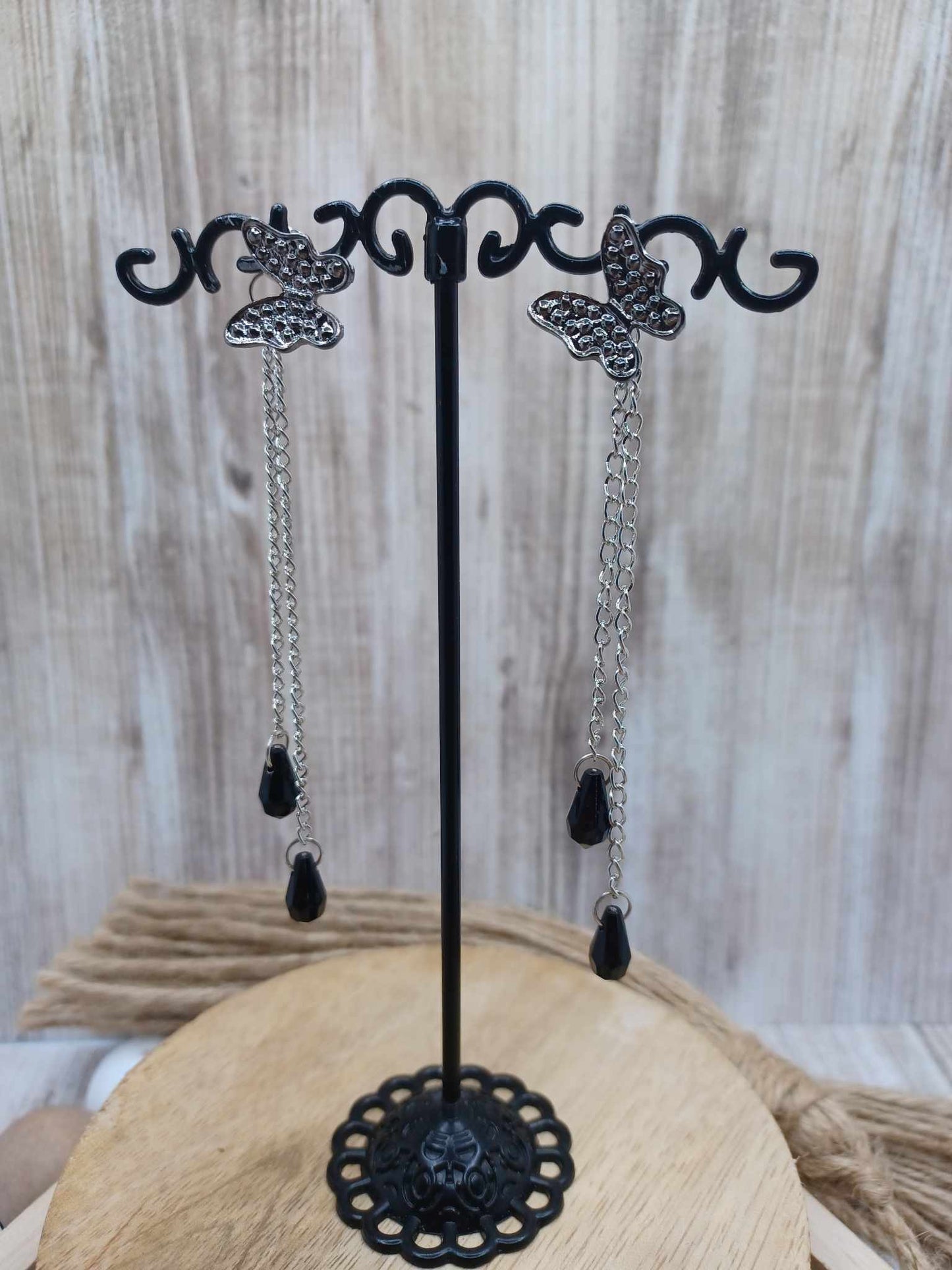 Butterfly Rhinestone Earrings w/ Silver & Black Dangles