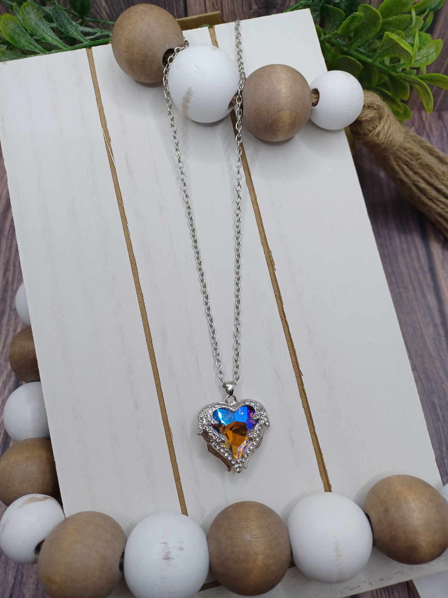 Silver Necklace w/ Mermaid Rhinestone Heart Pendant
