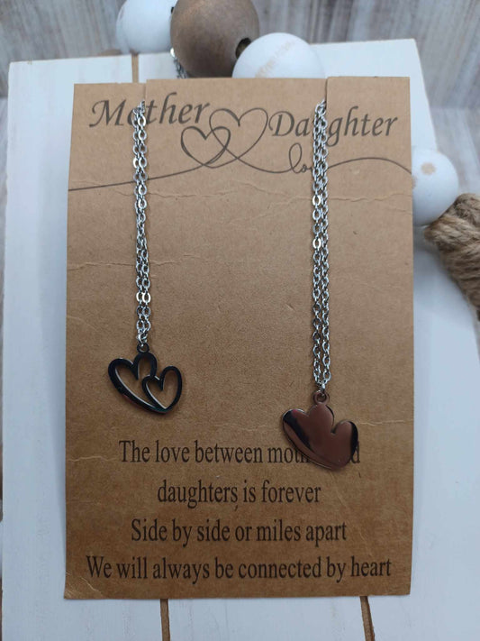 Silver Heart Necklace Set - Mother & Daughter