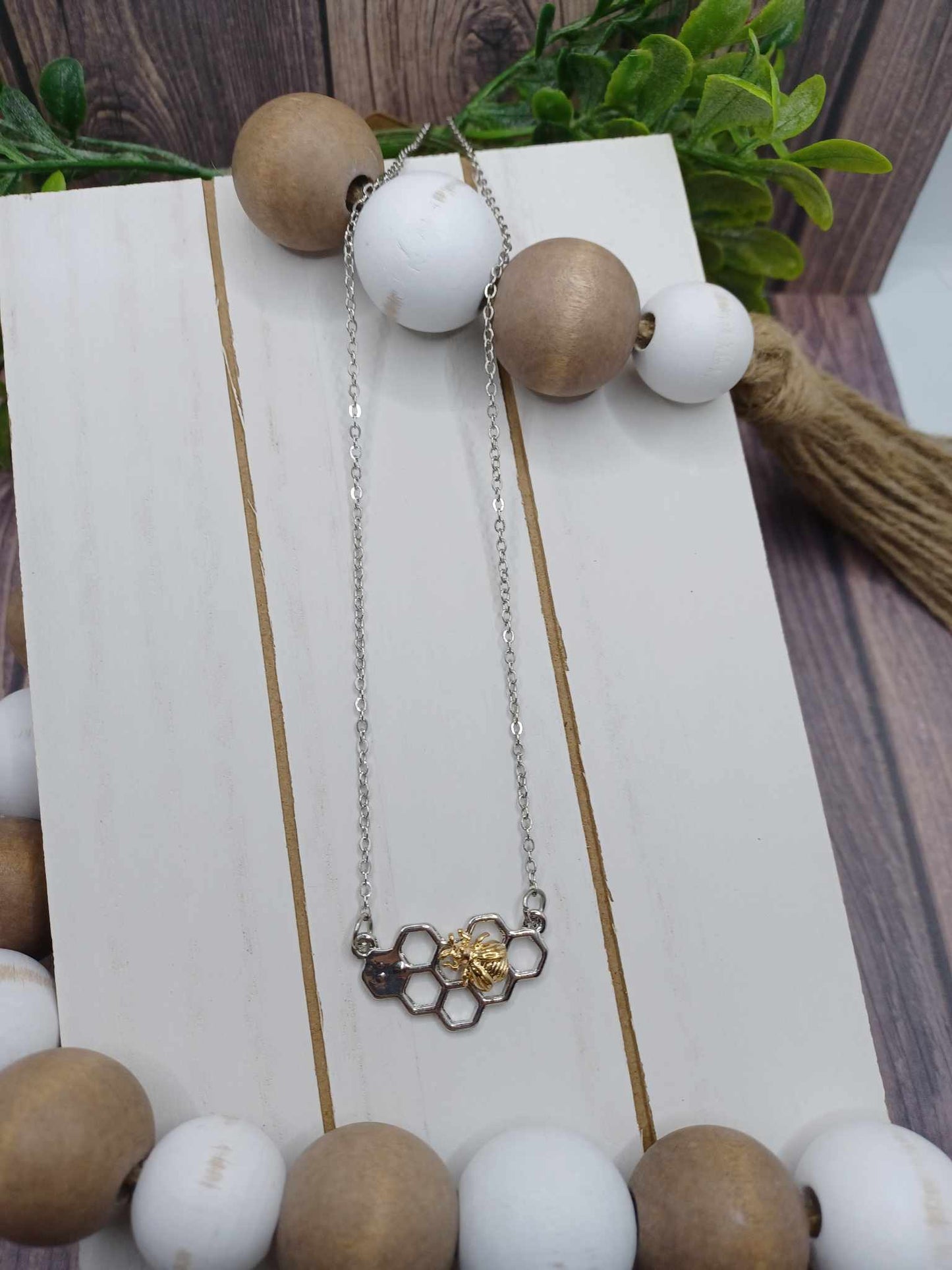 Silver Necklace w/ Honeycomb & Bee Pendant